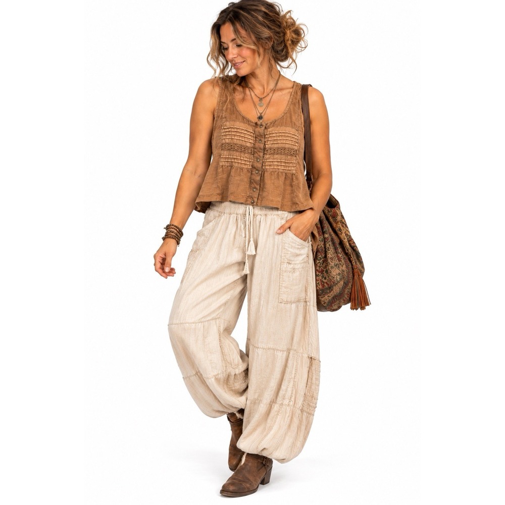 Cleo + Wolf Tiered Button Crop Sleeveless Top M Brown Cottagecore Lagenlook
